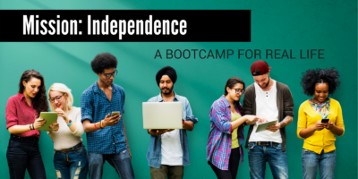 Mission: Independence - a bootcamp for real life. Image fo young adults gathered around computers